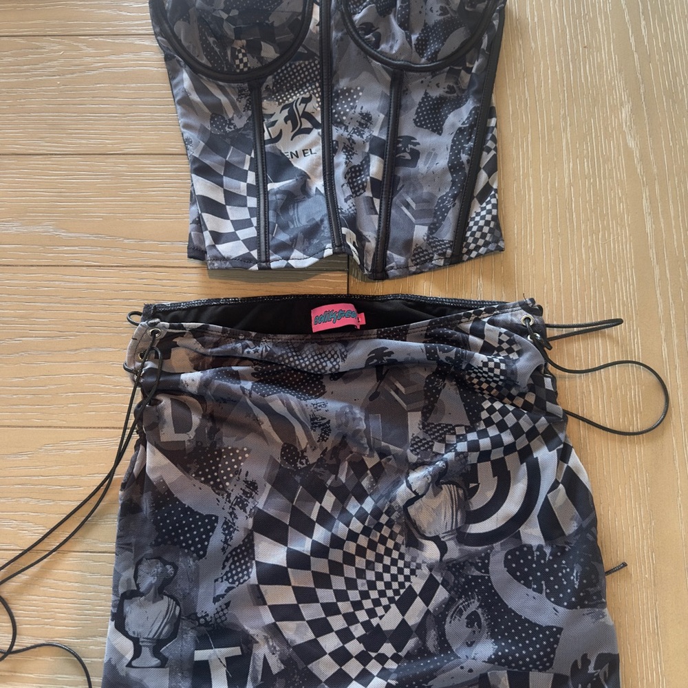 Black and Gray Patterned Corset and Skirt Set
